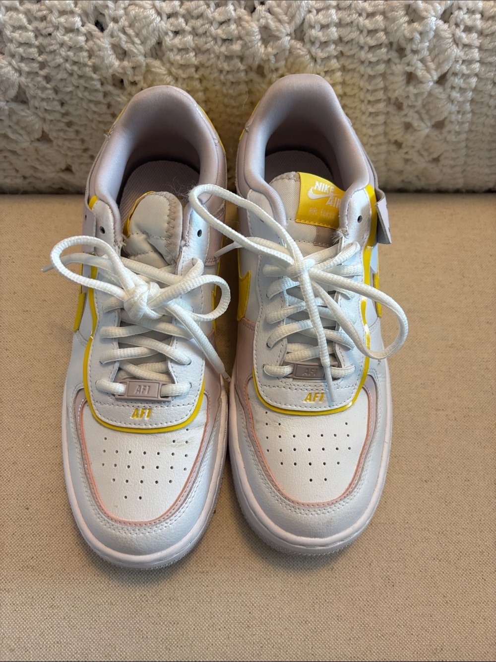 Nike White Air Forces with Yellow & Pink Trim